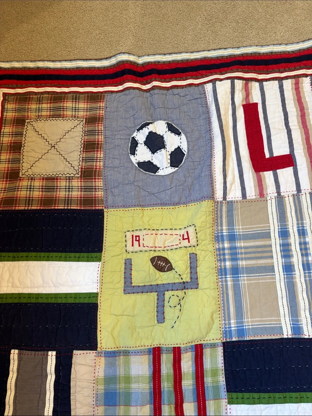 Pottery Barn Teen Sports Patchwork Quilt - Navy, Brown, Green, Red, Blue, Tan